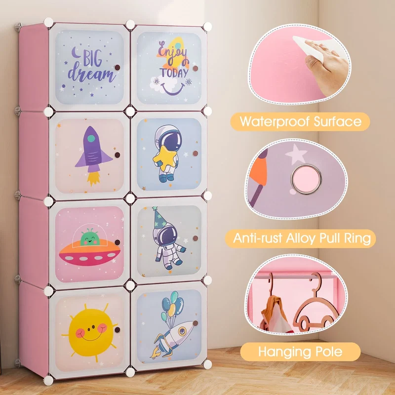 DORTALA Portable Kids Wardrobe 8-Cube Closet Dresser Childrens Storage Organizer-Pink