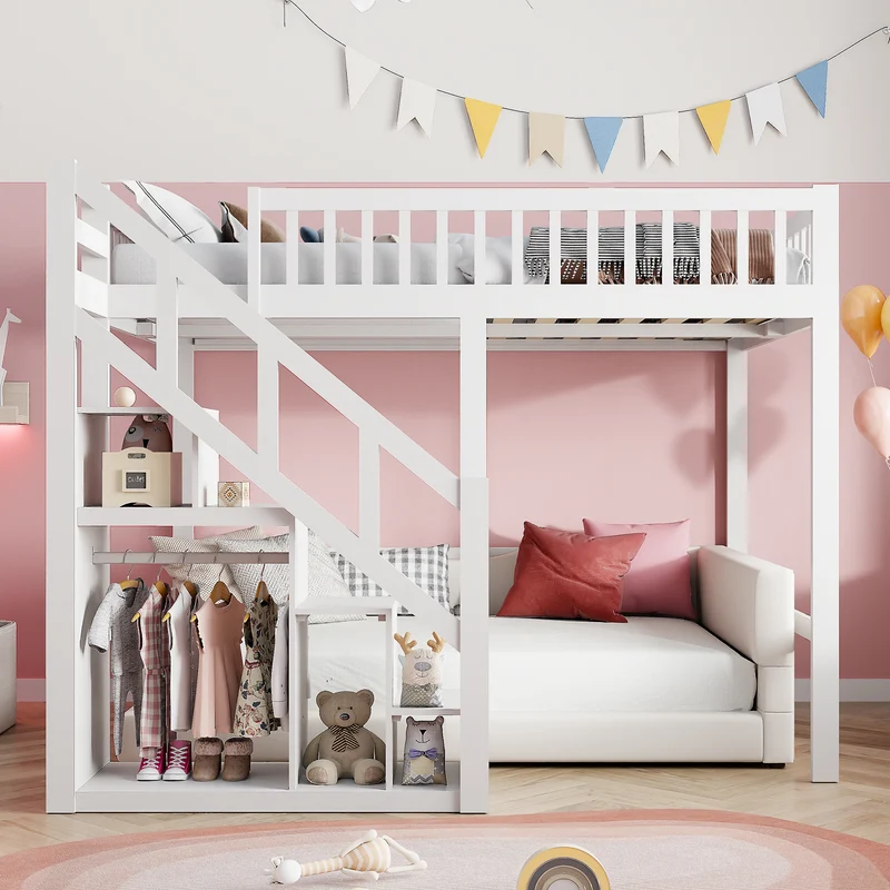 Rosahqnda floors bed youth bed, pine wood bunk bed with safety railings and stowable steps closet