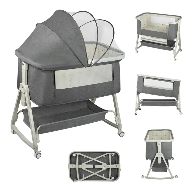 4-in-1 Baby Co-Sleeping Crib, Adjustable to 6 Positions, with Mattress, 15° Incline, Wheels with Brakes, Baby Crib 0-24 Months