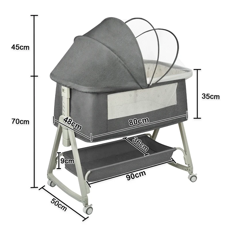 4-in-1 Baby Co-Sleeping Crib, Adjustable to 6 Positions, with Mattress, 15° Incline, Wheels with Brakes, Baby Crib 0-24 Months
