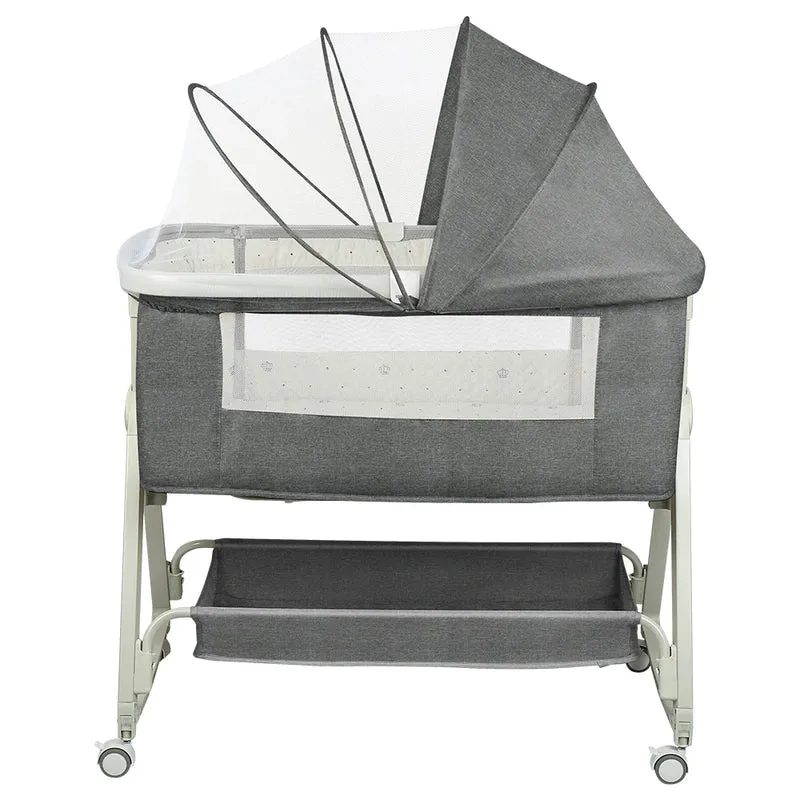 4-in-1 Baby Co-Sleeping Crib, Adjustable to 6 Positions, with Mattress, 15° Incline, Wheels with Brakes, Baby Crib 0-24 Months