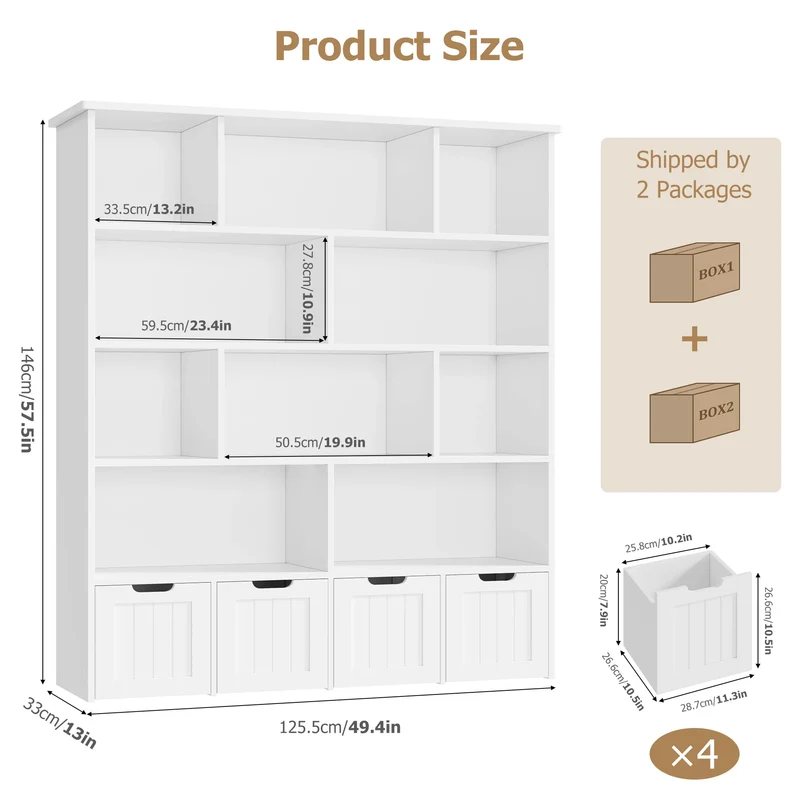 Getone Kids Toy Storage Unit Childrens Bookcase with 4 roller drawers 11 shelves Toy Organiser Kids Bookshelf for Nursery Playroom 125.5x33x146 cm White/ Pink