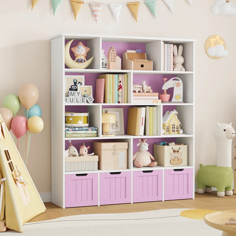 Getone Kids Toy Storage Unit Childrens Bookcase with 4 roller drawers 11 shelves Toy Organiser Kids Bookshelf for Nursery Playroom 125.5x33x146 cm White/ Pink