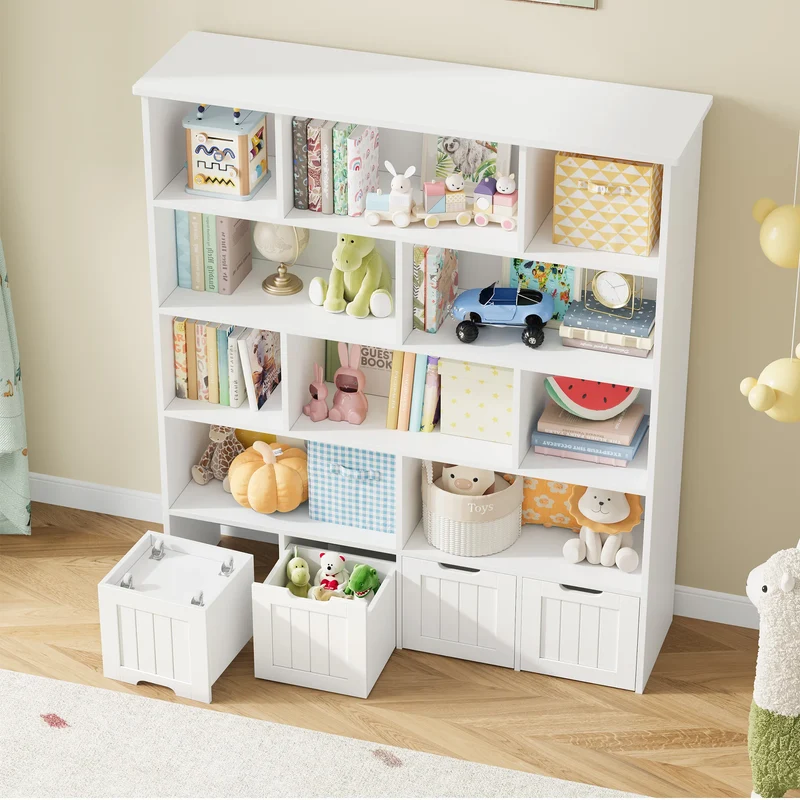 Getone Kids Toy Storage Unit Childrens Bookcase with 4 roller drawers 11 shelves Toy Organiser Kids Bookshelf for Nursery Playroom 125.5x33x146 cm White/ Pink