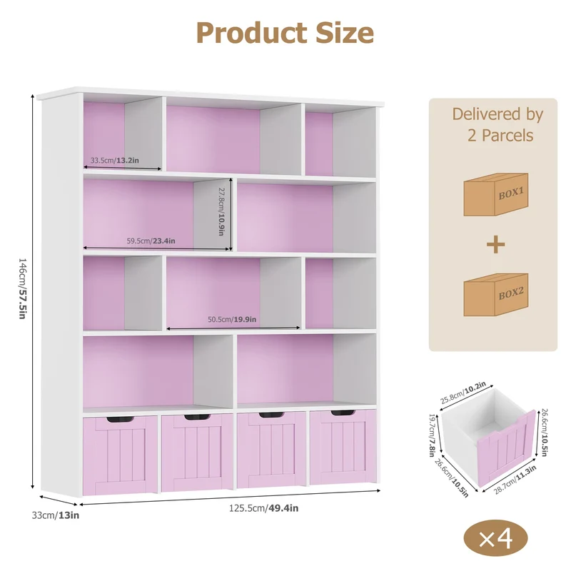 Getone Kids Toy Storage Unit Childrens Bookcase with 4 roller drawers 11 shelves Toy Organiser Kids Bookshelf for Nursery Playroom 125.5x33x146 cm White/ Pink