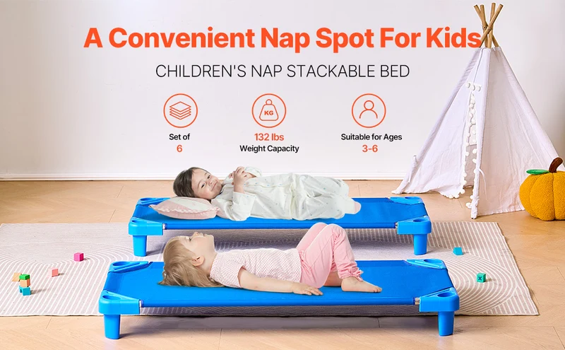 VEVOR Stackable Kiddie Cot Pack of 4/6 Portable Toddler Nap Cots for Kids Preschool Classroom Daycare Beds for Sleeping Resting