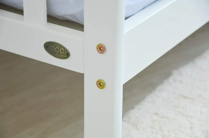 mcc direct White Solid Wooden Junior Toddler Kids Bed Montana with Foam Mattress and Safety Wooden Barrier (147 x 87.5 cm)