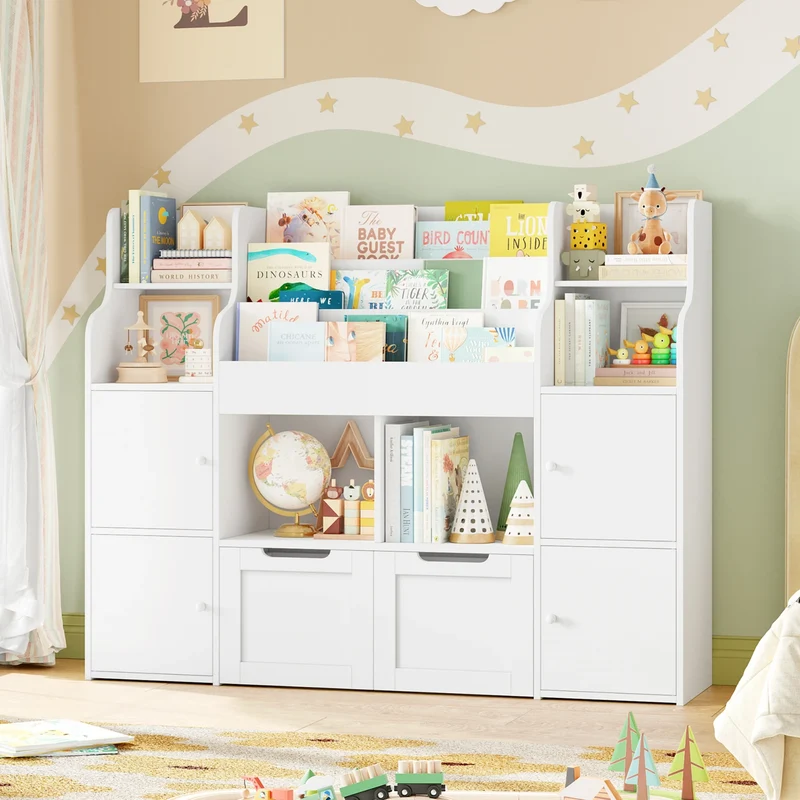 Getone Toy Storage , Childrens Bookcase,Unit 3-tier Kids Bookshelf, Kids Storage with 2 Drawers with Wheels, 4 Doors, 6 Open Shelves,multi-functional toy storage unit122x30x100cm