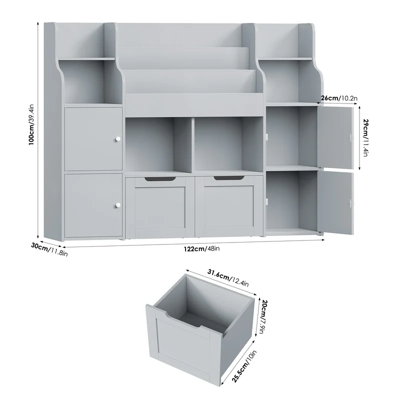 Getone Toy Storage , Childrens Bookcase,Unit 3-tier Kids Bookshelf, Kids Storage with 2 Drawers with Wheels, 4 Doors, 6 Open Shelves,multi-functional toy storage unit122x30x100cm
