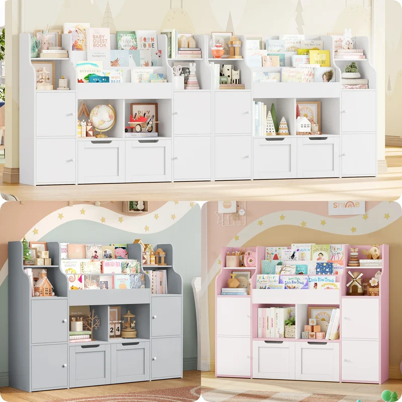 Getone Toy Storage , Childrens Bookcase,Unit 3-tier Kids Bookshelf, Kids Storage with 2 Drawers with Wheels, 4 Doors, 6 Open Shelves,multi-functional toy storage unit122x30x100cm