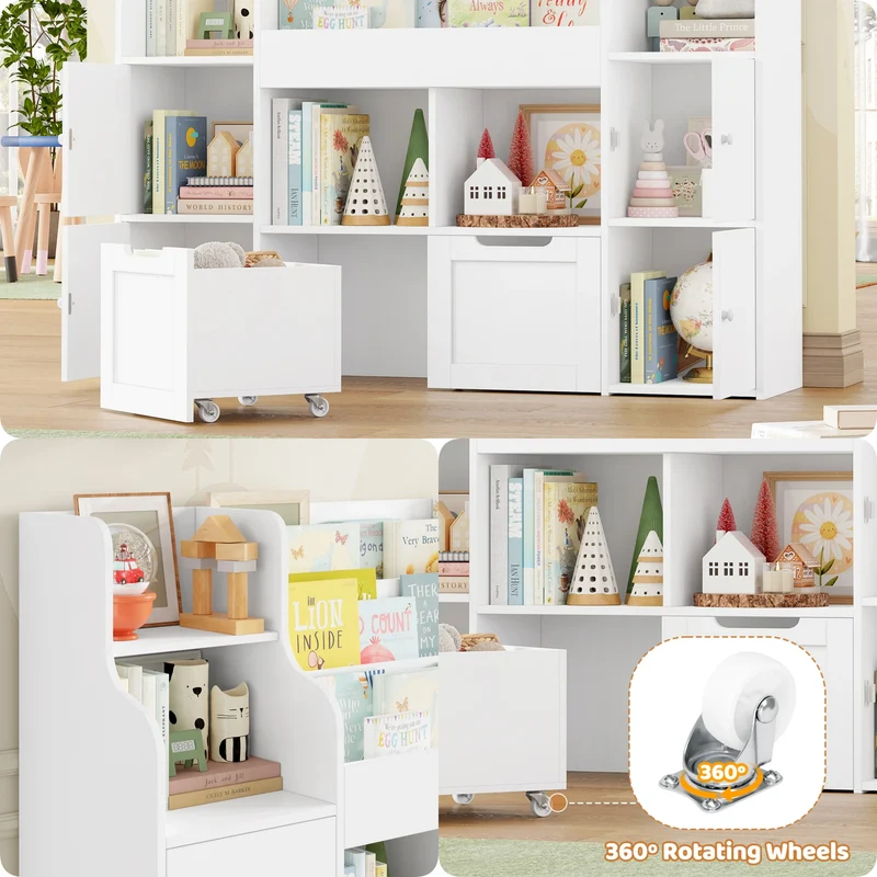 Getone Toy Storage , Childrens Bookcase,Unit 3-tier Kids Bookshelf, Kids Storage with 2 Drawers with Wheels, 4 Doors, 6 Open Shelves,multi-functional toy storage unit122x30x100cm