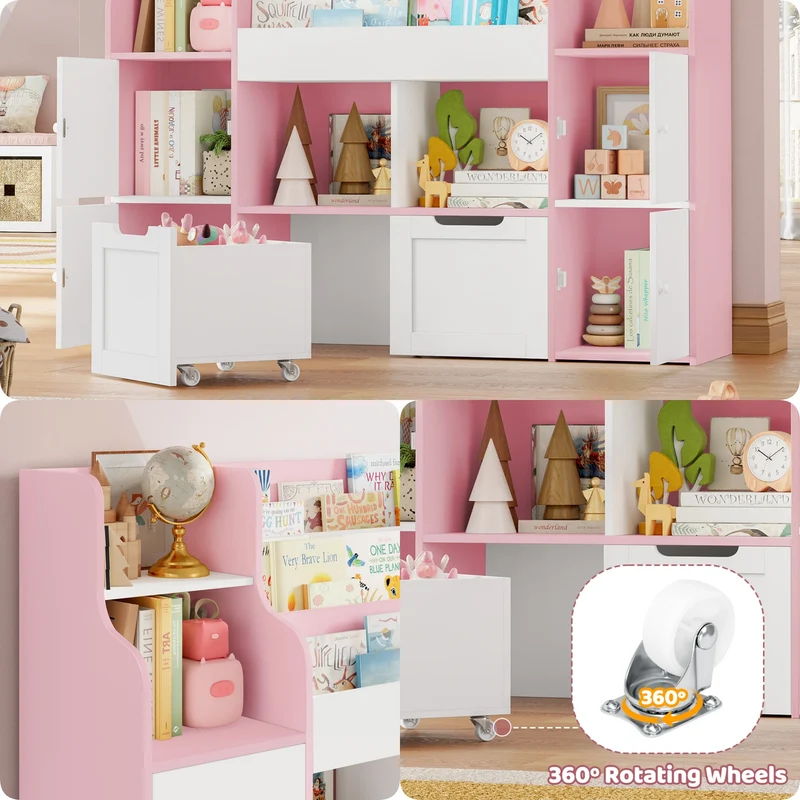 Getone Toy Storage , Childrens Bookcase,Unit 3-tier Kids Bookshelf, Kids Storage with 2 Drawers with Wheels, 4 Doors, 6 Open Shelves,multi-functional toy storage unit122x30x100cm