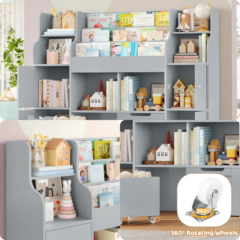 Getone Toy Storage , Childrens Bookcase,Unit 3-tier Kids Bookshelf, Kids Storage with 2 Drawers with Wheels, 4 Doors, 6 Open Shelves,multi-functional toy storage unit122x30x100cm