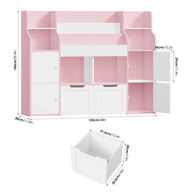 Getone Toy Storage , Childrens Bookcase,Unit 3-tier Kids Bookshelf, Kids Storage with 2 Drawers with Wheels, 4 Doors, 6 Open Shelves,multi-functional toy storage unit122x30x100cm