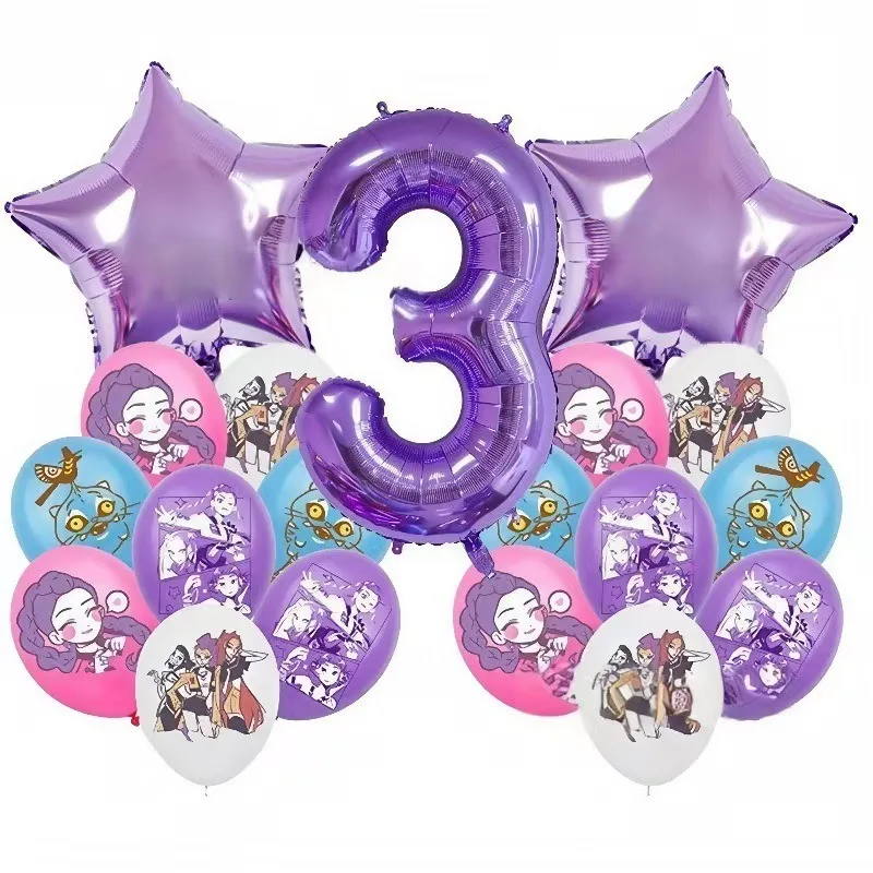 K P Foil Balloon Set Girl Group 1-9 Number & Purple Star Balloons Character Cake Toppers for Birthday Party & Photo Props