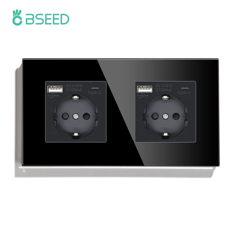 BSEED EU Standard Wall Electrical Sockets Type-C Outlets Wall Power Socket USB Charge Port Glass Panel Kids Protection 16A