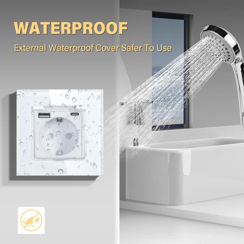 BSEED EU Standard Single Power Socket With Waterproof Cover Double USB Type-C Outlets Triple Plugs 16A Glass Panel 110-250V
