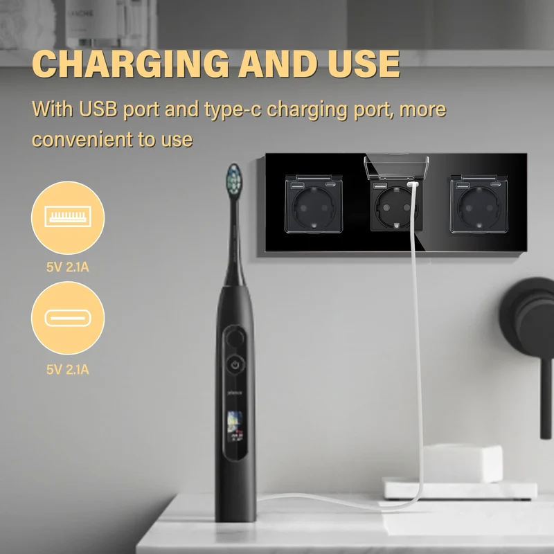 BSEED EU Standard Single Power Socket With Waterproof Cover Double USB Type-C Outlets Triple Plugs 16A Glass Panel 110-250V