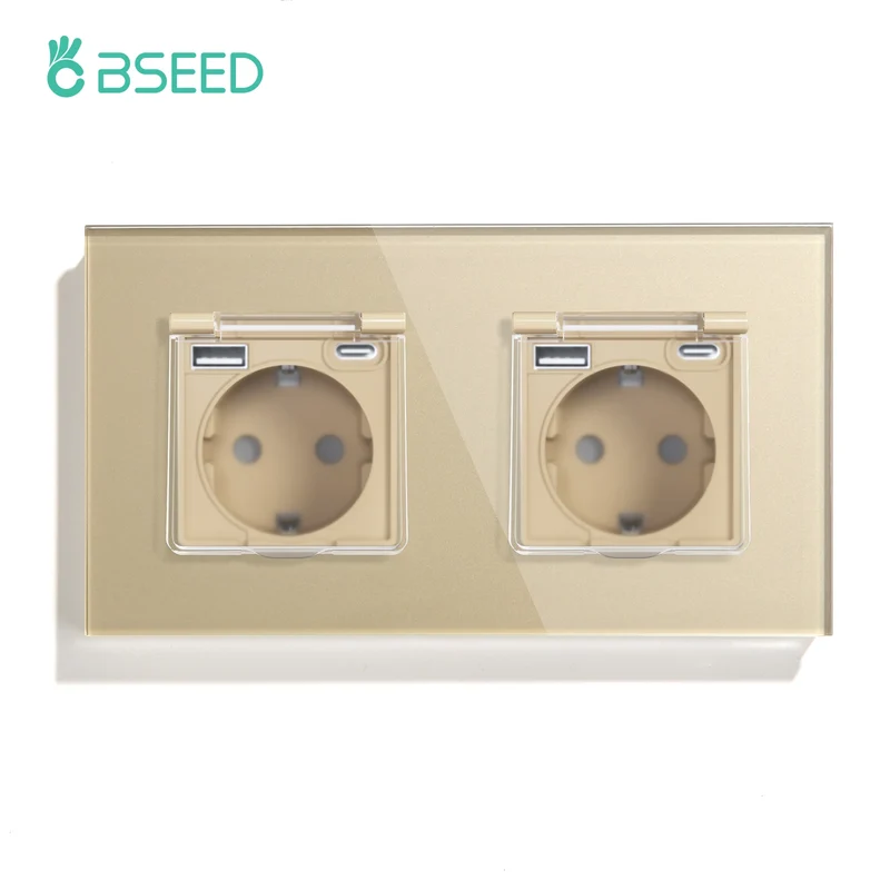 BSEED EU Standard Single Power Socket With Waterproof Cover Double USB Type-C Outlets Triple Plugs 16A Glass Panel 110-250V
