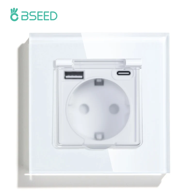 BSEED EU Standard Single Power Socket With Waterproof Cover Double USB Type-C Outlets Triple Plugs 16A Glass Panel 110-250V