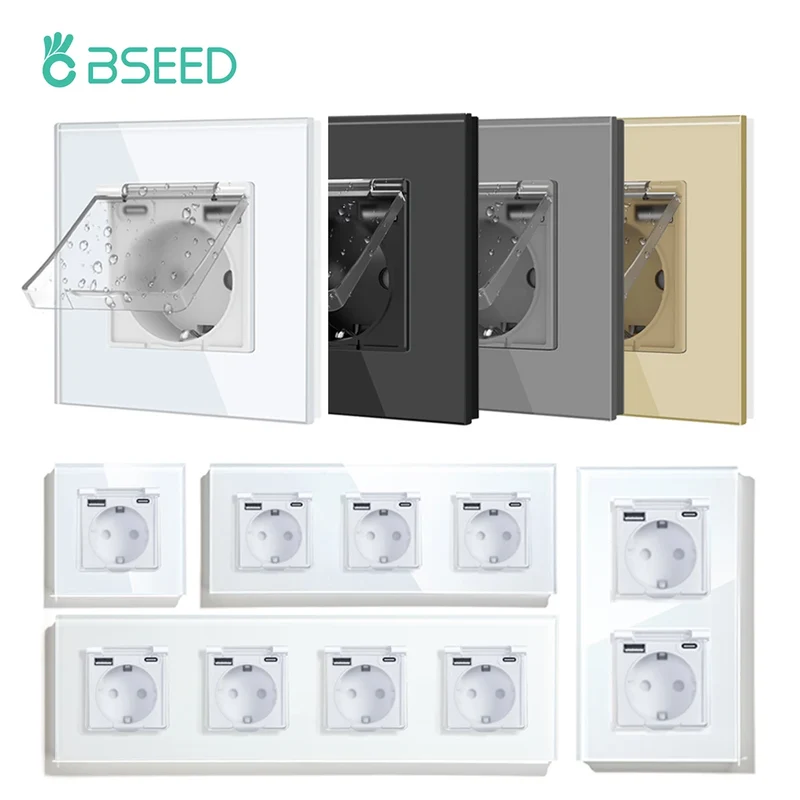 BSEED Single EU Wall Socket USB Type-c Ports Double Waterproof Cover Bathroom Power Sockets Triple Glass Electric Outlets 16A