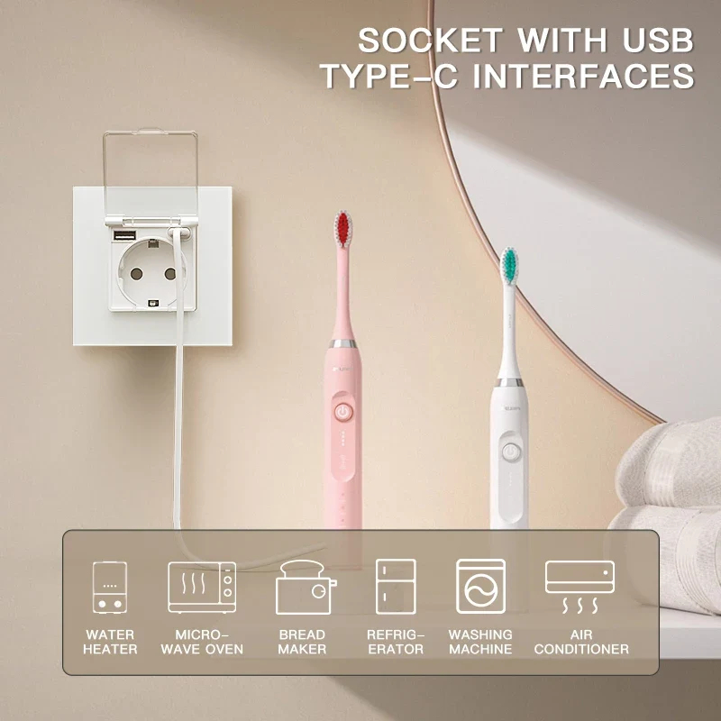 BSEED Single EU Wall Socket USB Type-c Ports Double Waterproof Cover Bathroom Power Sockets Triple Glass Electric Outlets 16A