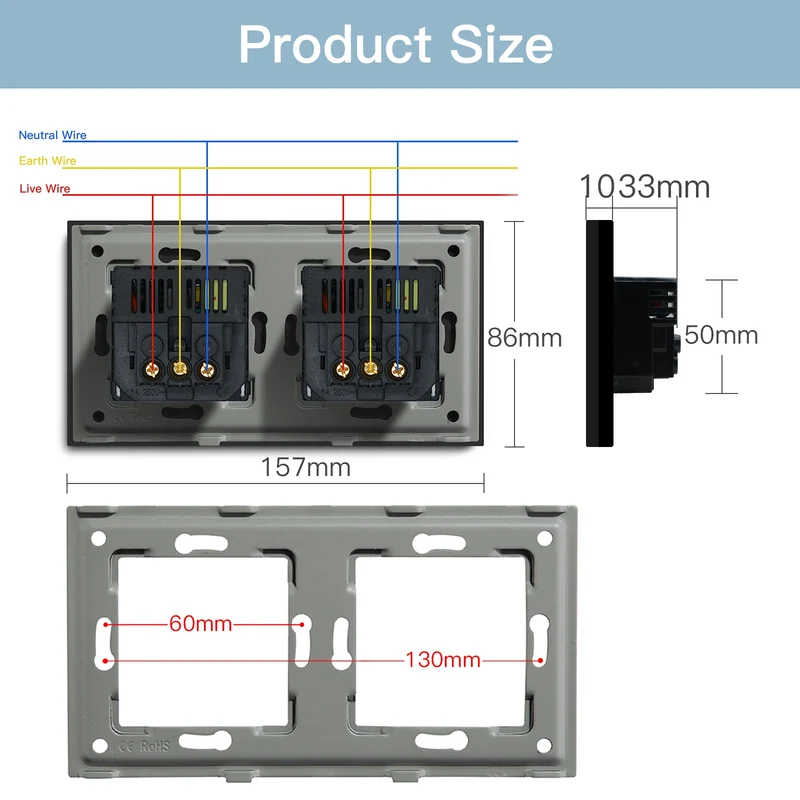 BSEED Single EU Wall Socket USB Type-c Ports Double Waterproof Cover Bathroom Power Sockets Triple Glass Electric Outlets 16A