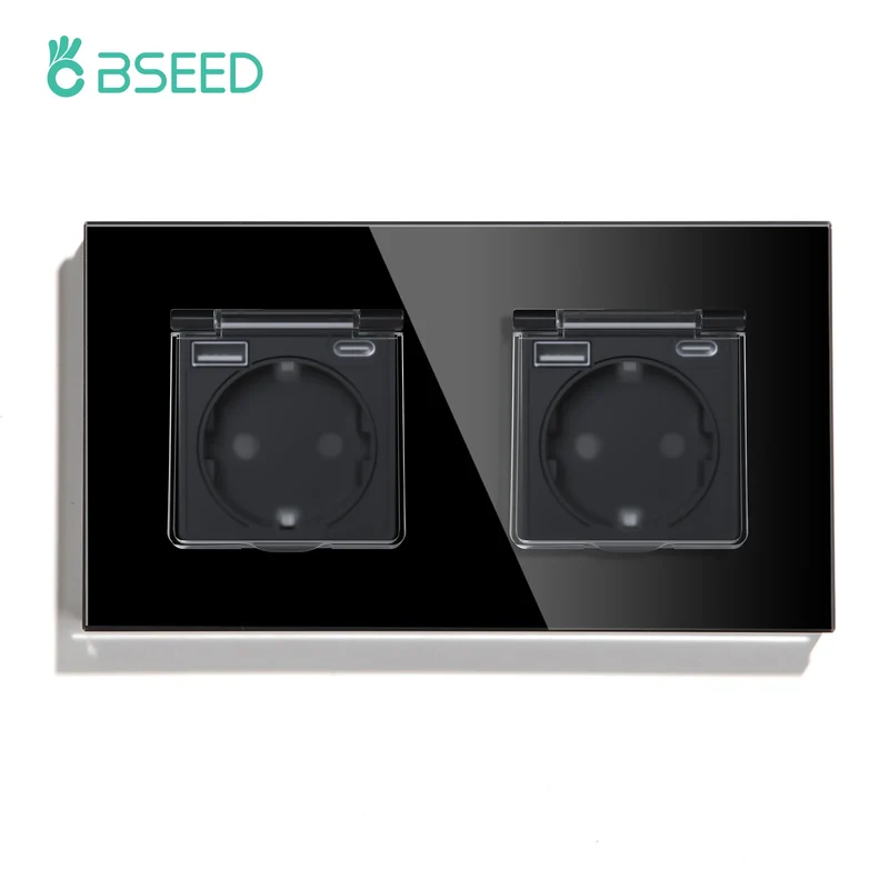 BSEED Single EU Wall Socket USB Type-c Ports Double Waterproof Cover Bathroom Power Sockets Triple Glass Electric Outlets 16A