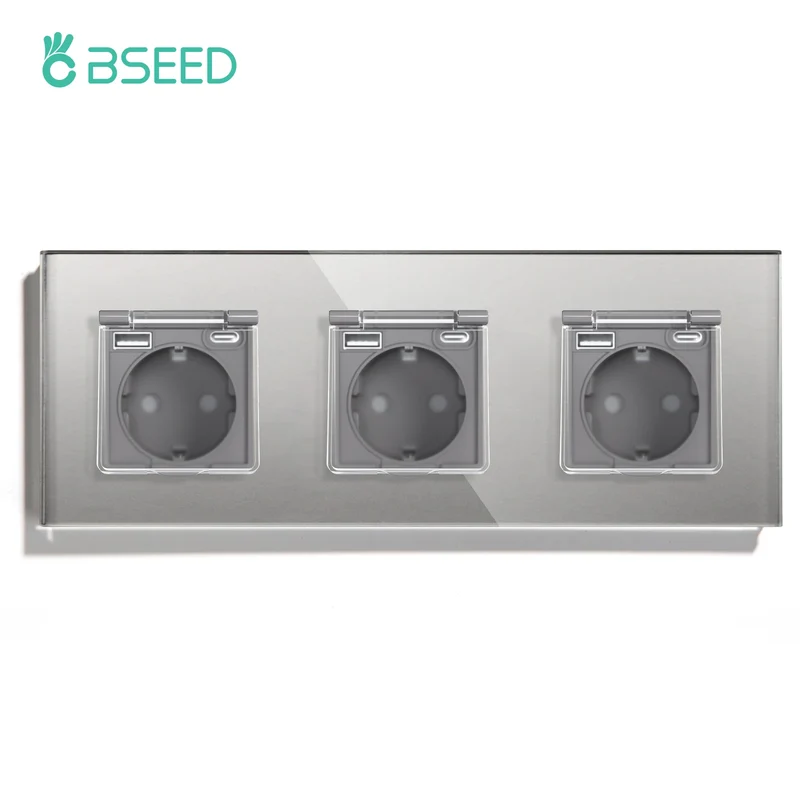 BSEED Single EU Wall Socket USB Type-c Ports Double Waterproof Cover Bathroom Power Sockets Triple Glass Electric Outlets 16A