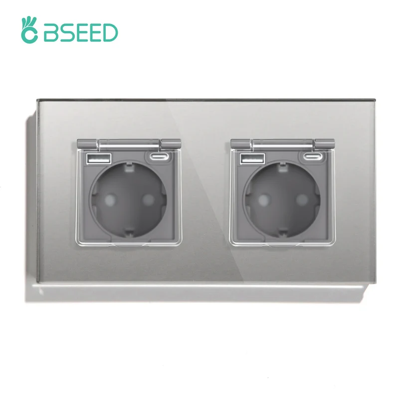 BSEED Single EU Wall Socket USB Type-c Ports Double Waterproof Cover Bathroom Power Sockets Triple Glass Electric Outlets 16A