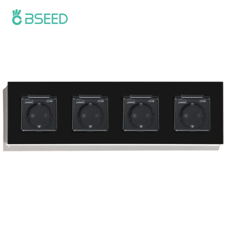 BSEED Single EU Wall Socket USB Type-c Ports Double Waterproof Cover Bathroom Power Sockets Triple Glass Electric Outlets 16A