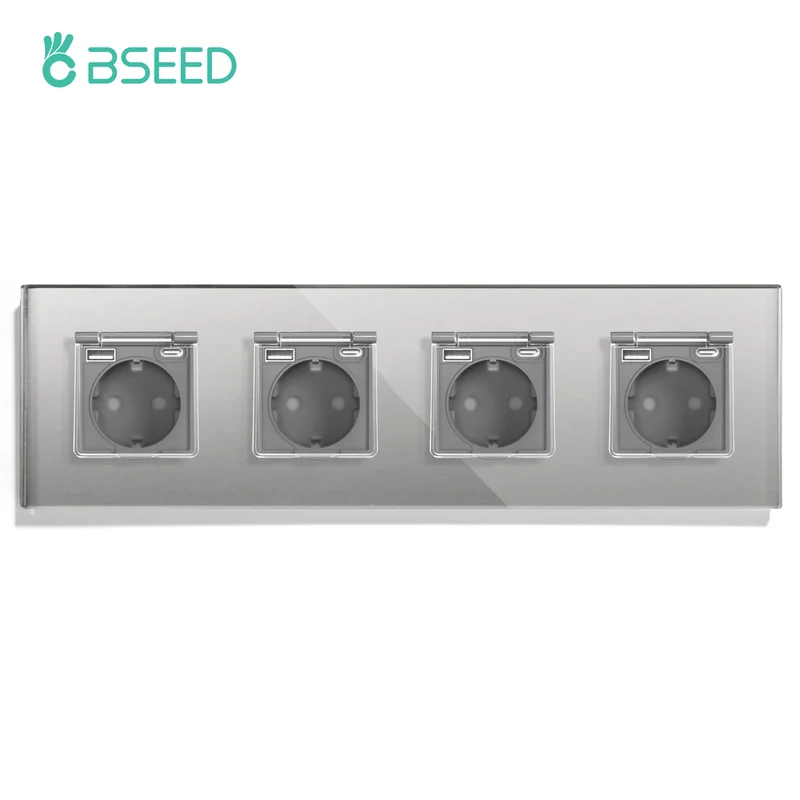 BSEED Single EU Wall Socket USB Type-c Ports Double Waterproof Cover Bathroom Power Sockets Triple Glass Electric Outlets 16A