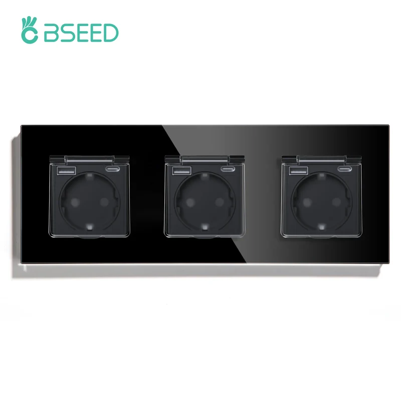 BSEED Single EU Wall Socket USB Type-c Ports Double Waterproof Cover Bathroom Power Sockets Triple Glass Electric Outlets 16A