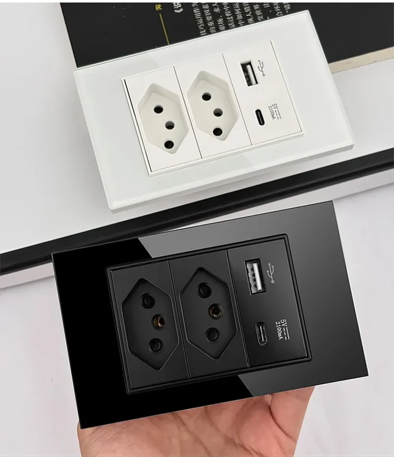 DELEFU Grey PC Panel Brazil Standard Wall Power Socket Double USB Type C Outlet Light Switch Home Office Electrical Plug 10A 20A