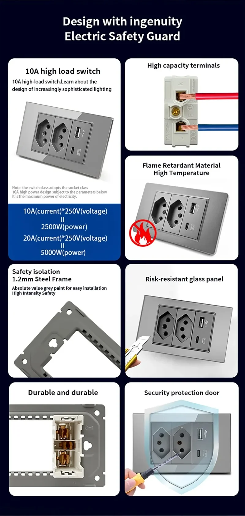 DELEFU Grey PC Panel Brazil Standard Wall Power Socket Double USB Type C Outlet Light Switch Home Office Electrical Plug 10A 20A