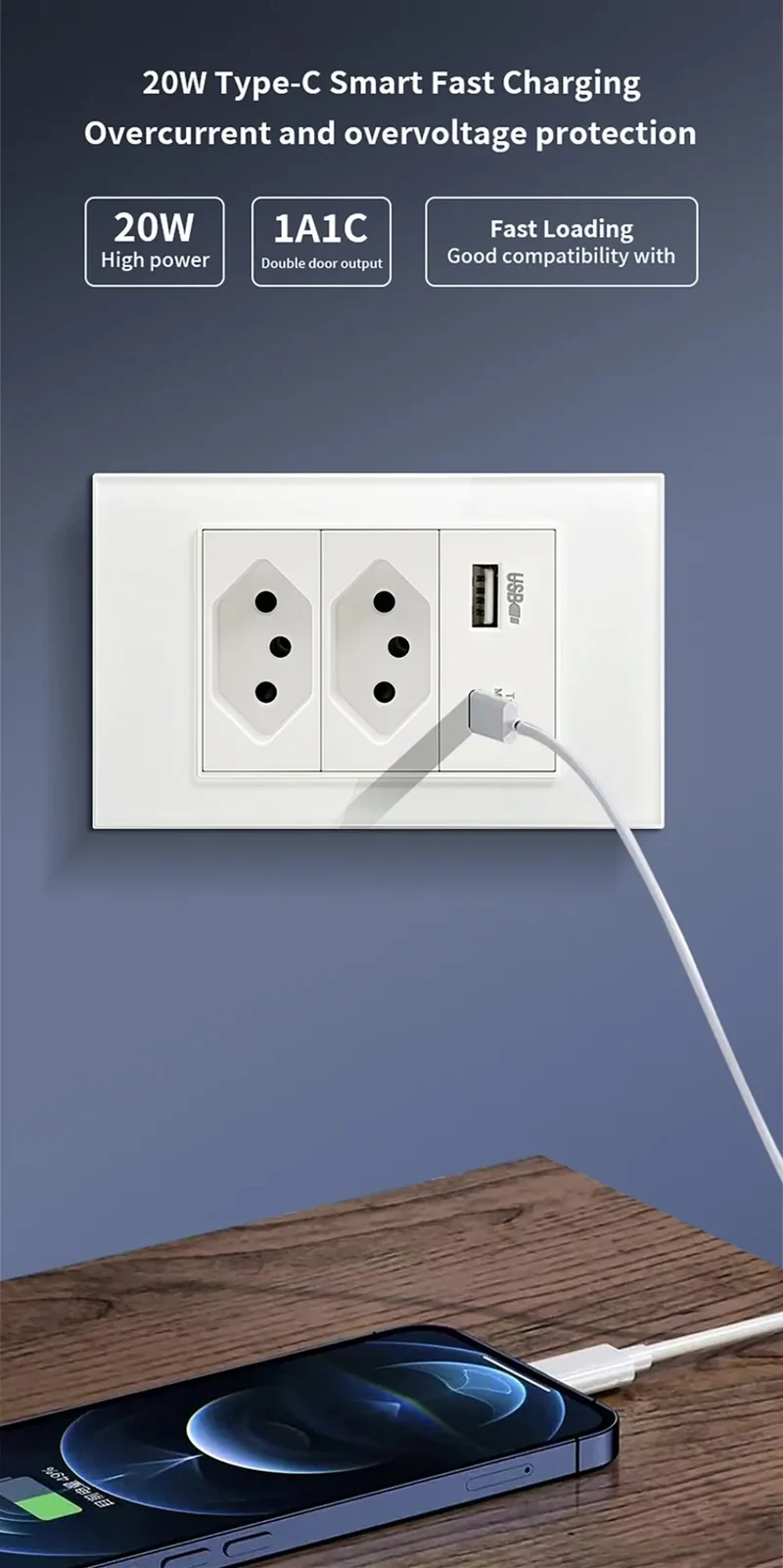 DELEFU Grey PC Panel Brazil Standard Wall Power Socket Double USB Type C Outlet Light Switch Home Office Electrical Plug 10A 20A