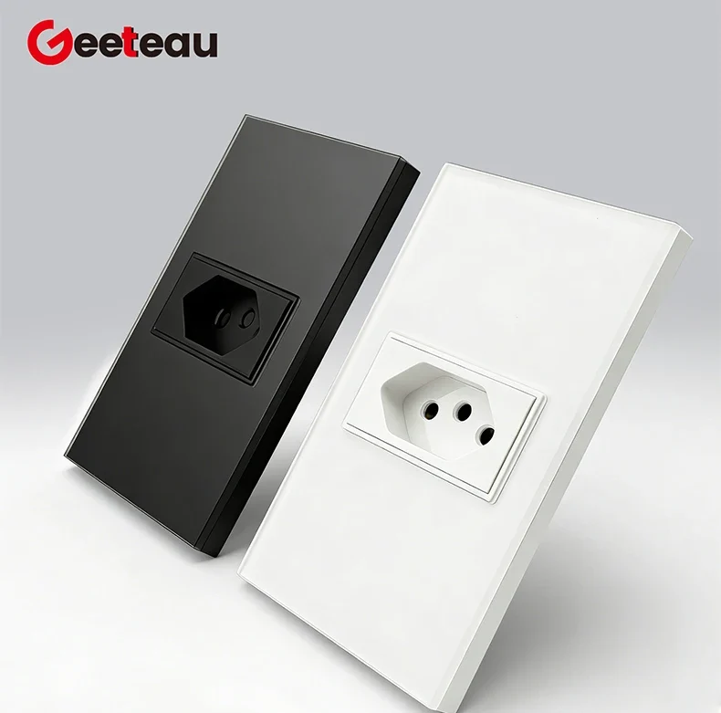 Geeteau Black White Glass Panel Single Brazil Wall Socket 10A Full paddle Standard Home Safe Stable Household Power Plug