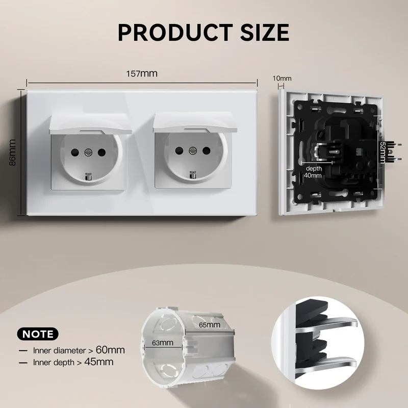 BSEED EU Standard Wall Electric Socket With Cover 16A Bathroom Power Sockets Outdoor Outlet Waterproof Glass Panels E Series