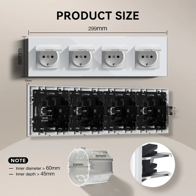 BSEED EU Standard Wall Electric Socket With Cover 16A Bathroom Power Sockets Outdoor Outlet Waterproof Glass Panels E Series