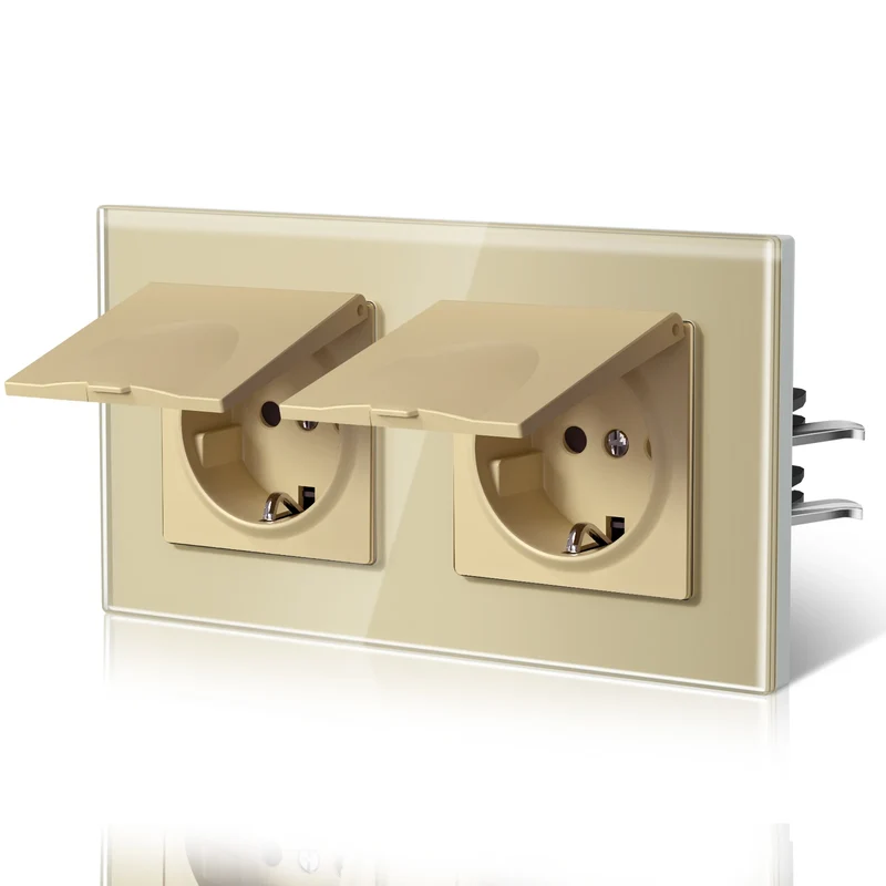 BSEED EU Standard Wall Electric Socket With Cover 16A Bathroom Power Sockets Outdoor Outlet Waterproof Glass Panels E Series