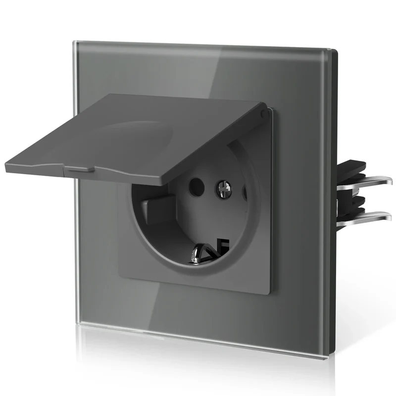 BSEED EU Standard Wall Electric Socket With Cover 16A Bathroom Power Sockets Outdoor Outlet Waterproof Glass Panels E Series
