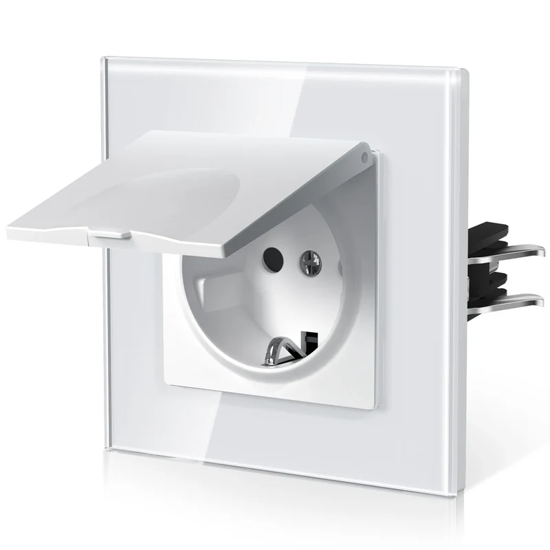 BSEED EU Standard Wall Electric Socket With Cover 16A Bathroom Power Sockets Outdoor Outlet Waterproof Glass Panels E Series
