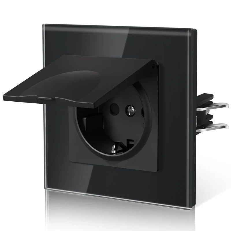 BSEED EU Standard Wall Electric Socket With Cover 16A Bathroom Power Sockets Outdoor Outlet Waterproof Glass Panels E Series