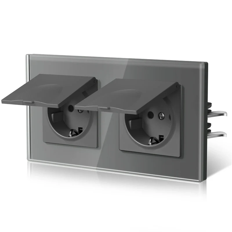 BSEED EU Standard Wall Electric Socket With Cover 16A Bathroom Power Sockets Outdoor Outlet Waterproof Glass Panels E Series