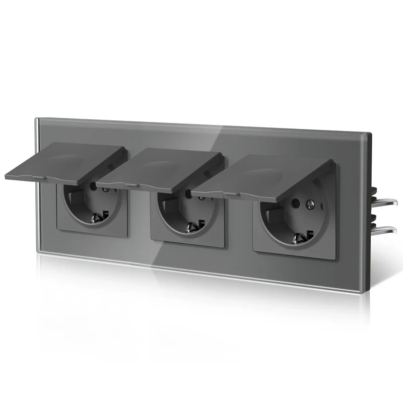 BSEED EU Standard Wall Electric Socket With Cover 16A Bathroom Power Sockets Outdoor Outlet Waterproof Glass Panels E Series