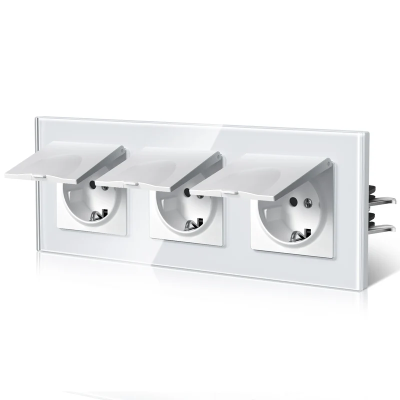BSEED EU Standard Wall Electric Socket With Cover 16A Bathroom Power Sockets Outdoor Outlet Waterproof Glass Panels E Series