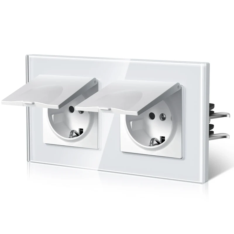 BSEED EU Standard Wall Electric Socket With Cover 16A Bathroom Power Sockets Outdoor Outlet Waterproof Glass Panels E Series
