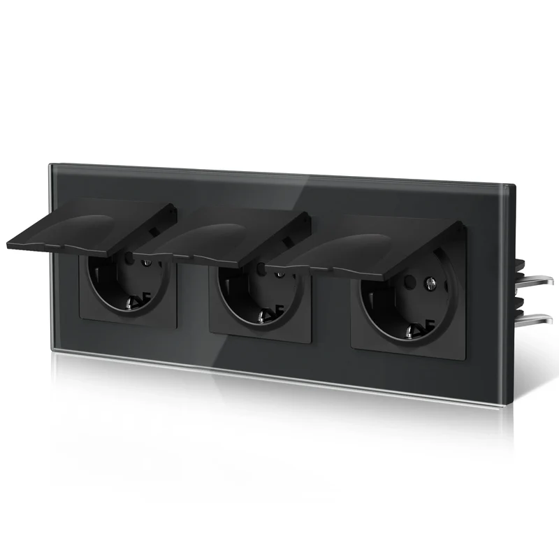BSEED EU Standard Wall Electric Socket With Cover 16A Bathroom Power Sockets Outdoor Outlet Waterproof Glass Panels E Series