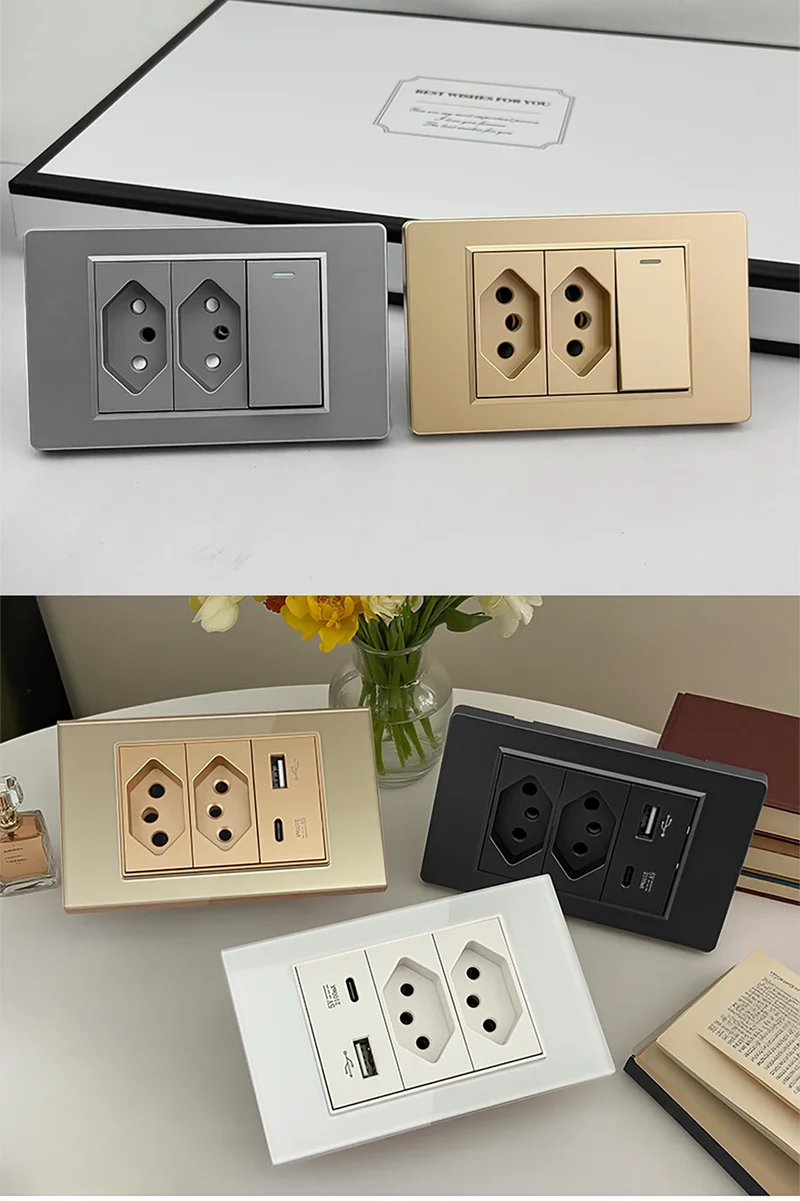 DELEFU Brazil Standard 10A 20A Gold Fireproof PC Panel Dual USB Type C Home Wall Light Switch Safe Power Socket