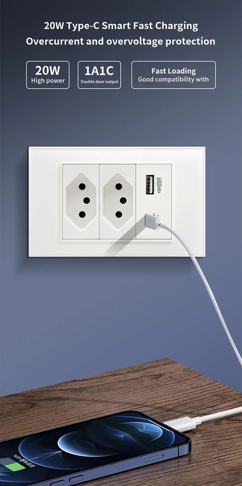 DELEFU Brazil Standard 10A 20A Gold Fireproof PC Panel Dual USB Type C Home Wall Light Switch Safe Power Socket